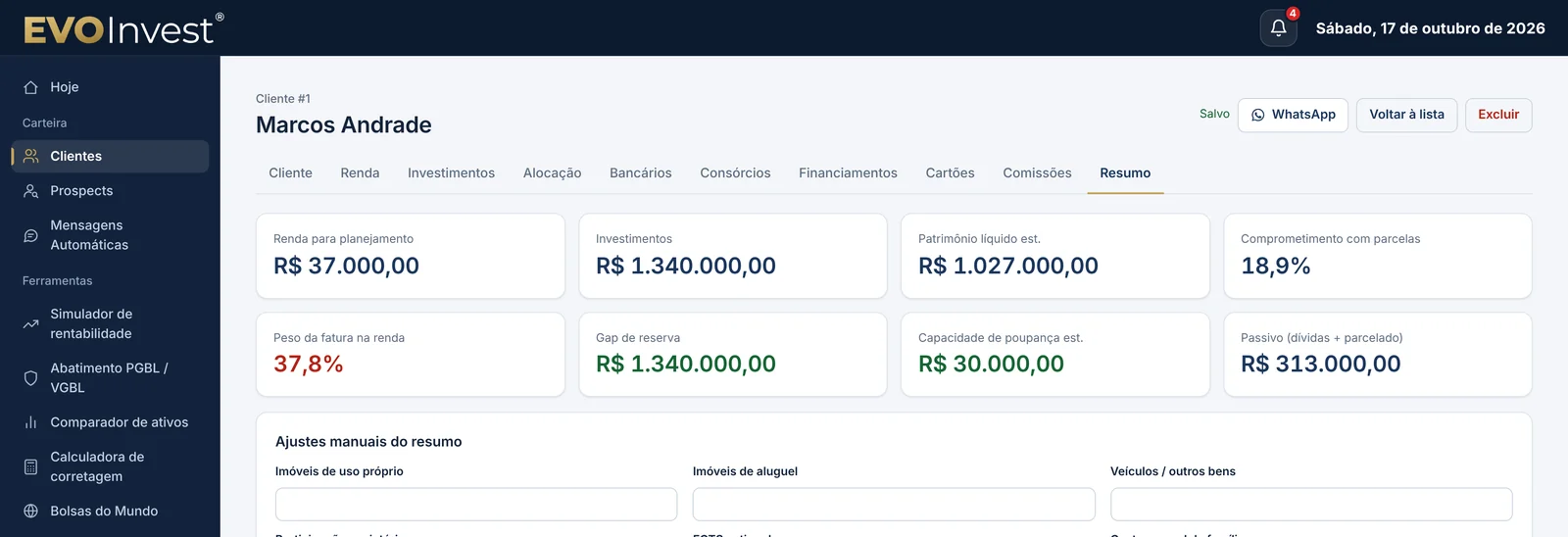 Resumo financeiro do cliente com renda, investimentos, patrimônio e indicadores