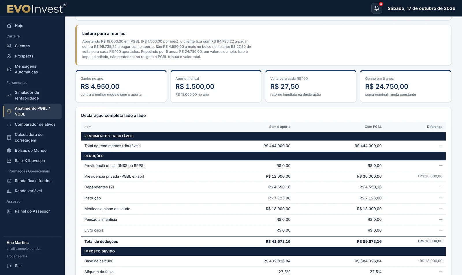 Planejamento tributário com PGBL mostrando ganho no ano e a declaração lado a lado